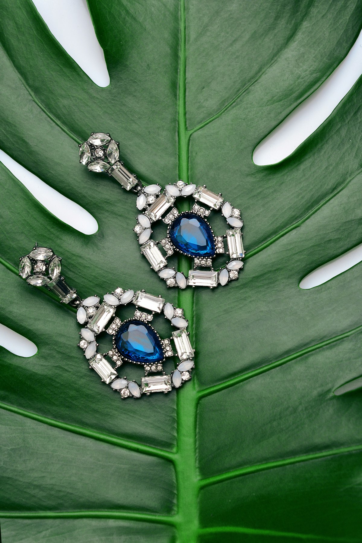 Blue stone statement earrings on a green leaf