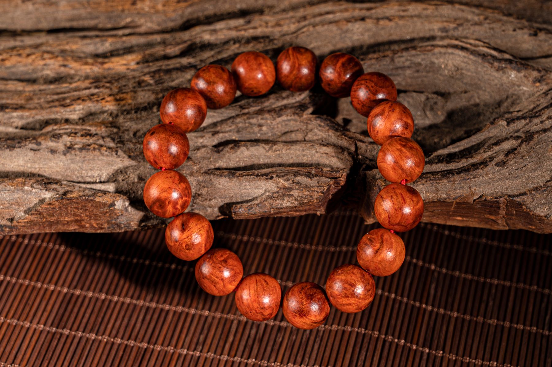 A polished wooden bead bracelet